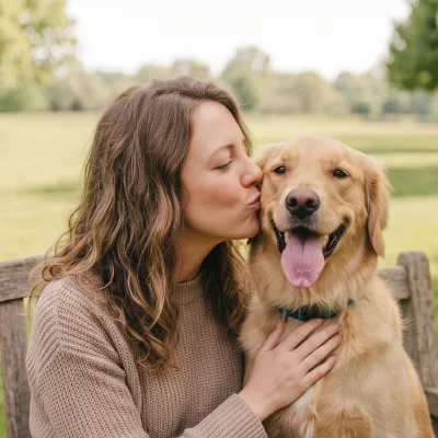 A photo of a woman kissing her golden retriever